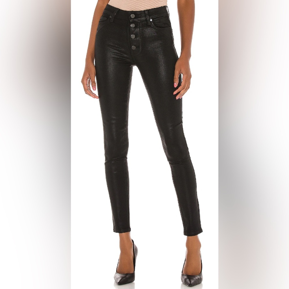 PAIGE  “Hoxton” Ultra Skinny exposed button fly Jeans.  Color-Black Fog -Coated